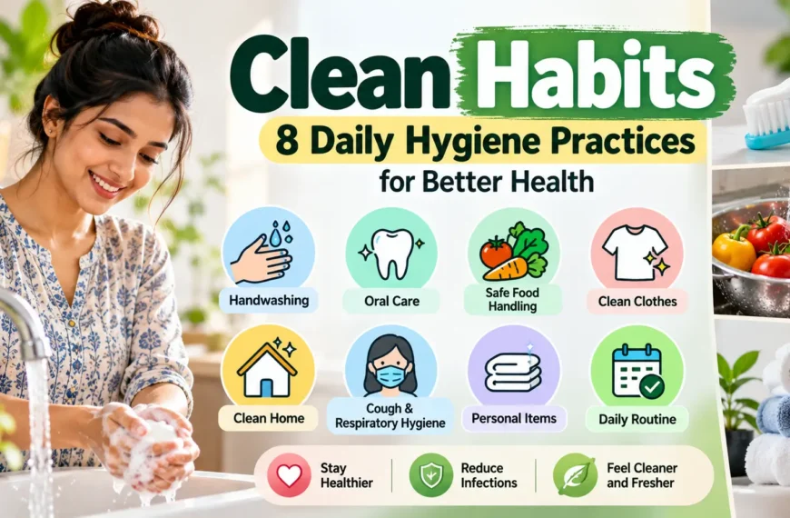 Woman washing her hands alongside illustrations of eight daily hygiene habits, including oral care, safe food handling and home cleanliness.