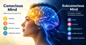 Conscious awareness and automatic mental processes illustrated through a human brain.