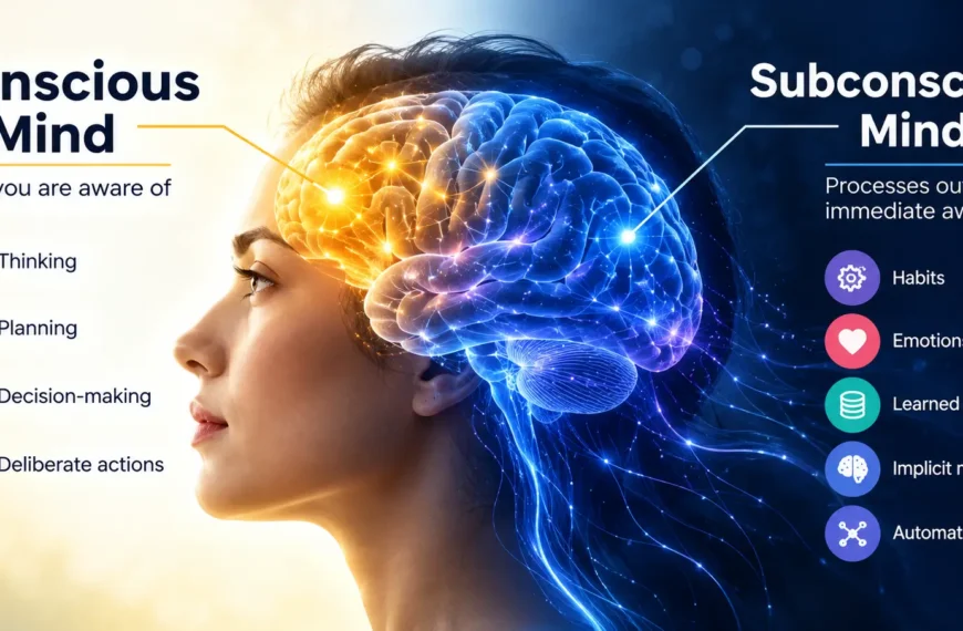 Conscious awareness and automatic mental processes illustrated through a human brain.
