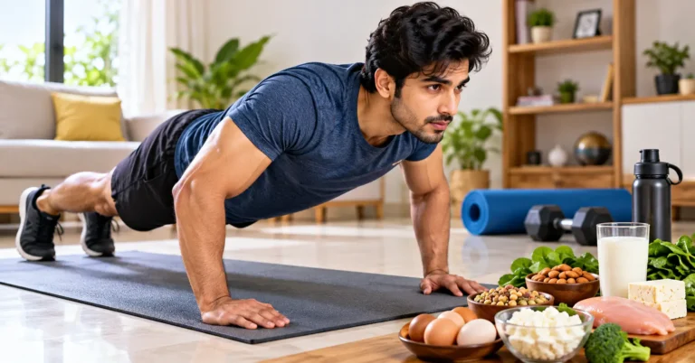 Indian man performing a push-up at home with healthy protein-rich foods nearby.