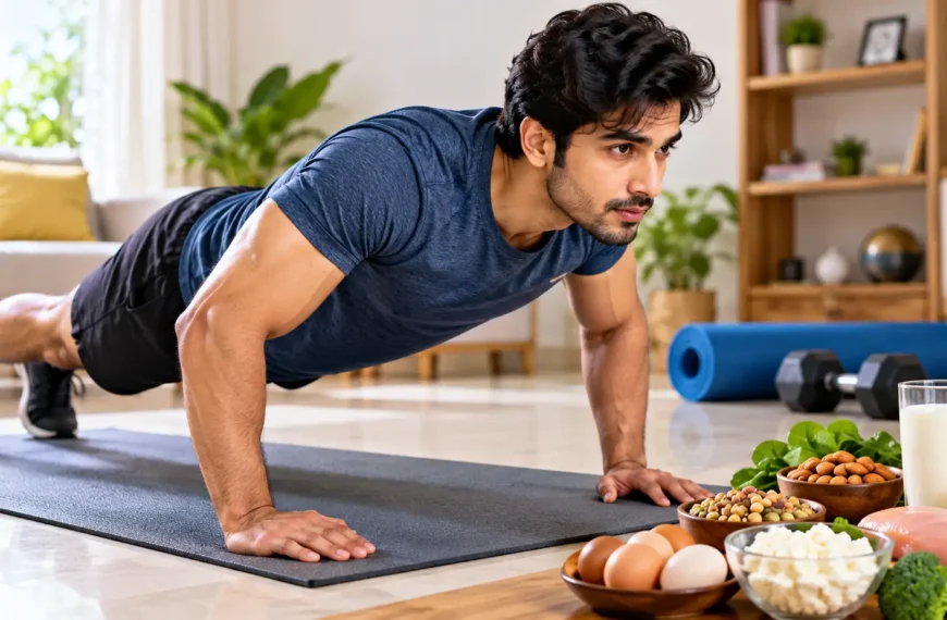 Indian man performing a push-up at home with healthy protein-rich foods nearby.