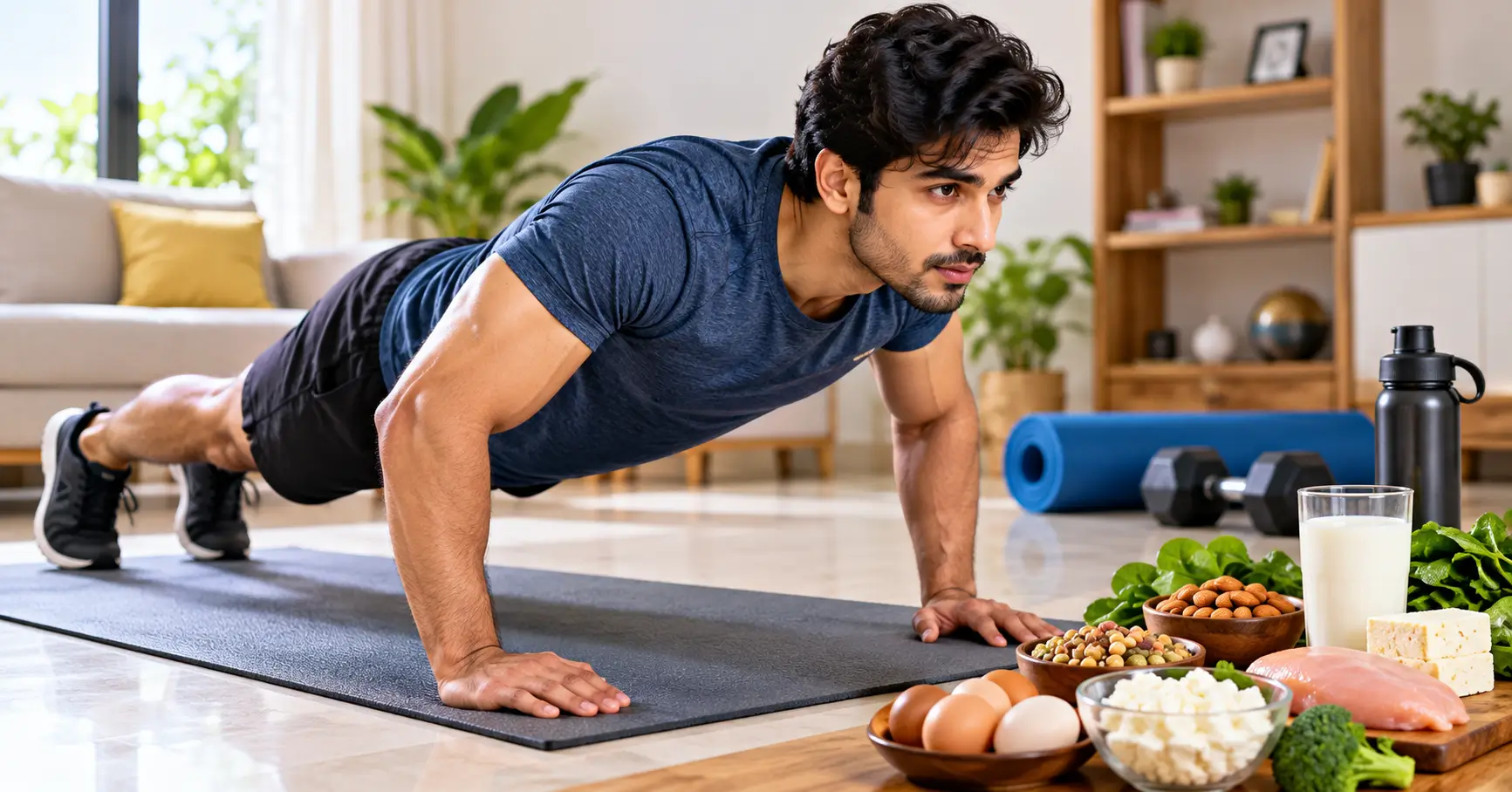 Indian man performing a push-up at home with healthy protein-rich foods nearby.